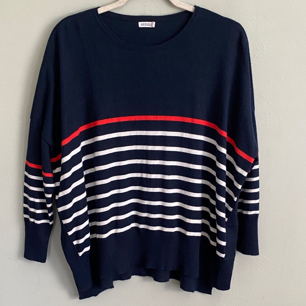 Mersea Women’s Amour Navy Sweater with Red & White Stripes One Size S-XL